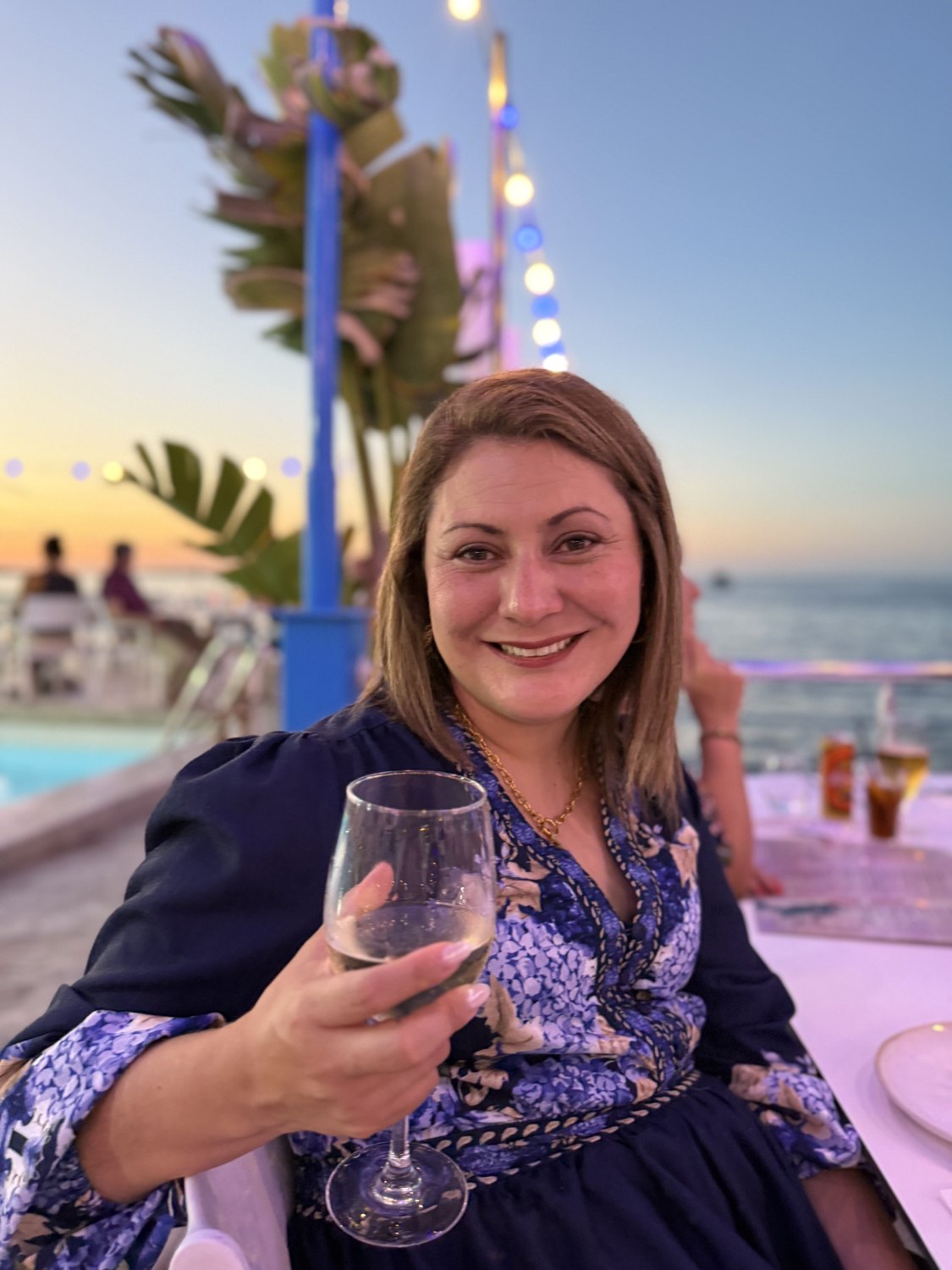 Jessica raising a glass at a seaside sunset dinner